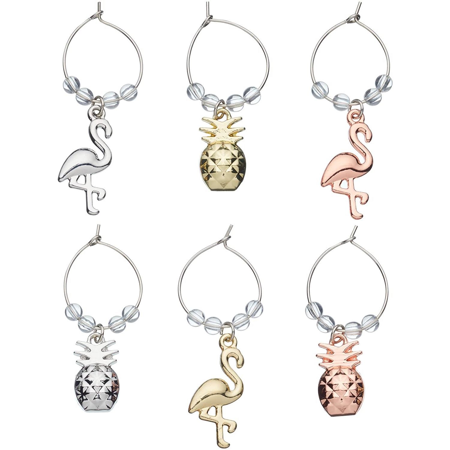 BarCraft Set 6 Tropical Pineapple & Flamingo Metal Wine Glass Novelty Charms