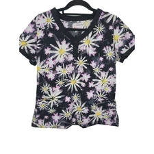 White Cross Scrub Top Medium Womens Black Floral Medical Uniform Pockets V Neck