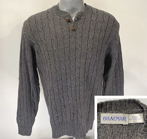 Braemar L Large Vintage Gray Sweater Cable Knit 100% Wool Mens - Image 1