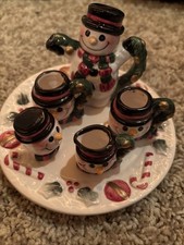 Vtg Mini Miniature Holiday Treasures Tea Pot Cups Set 8-piece Snowman