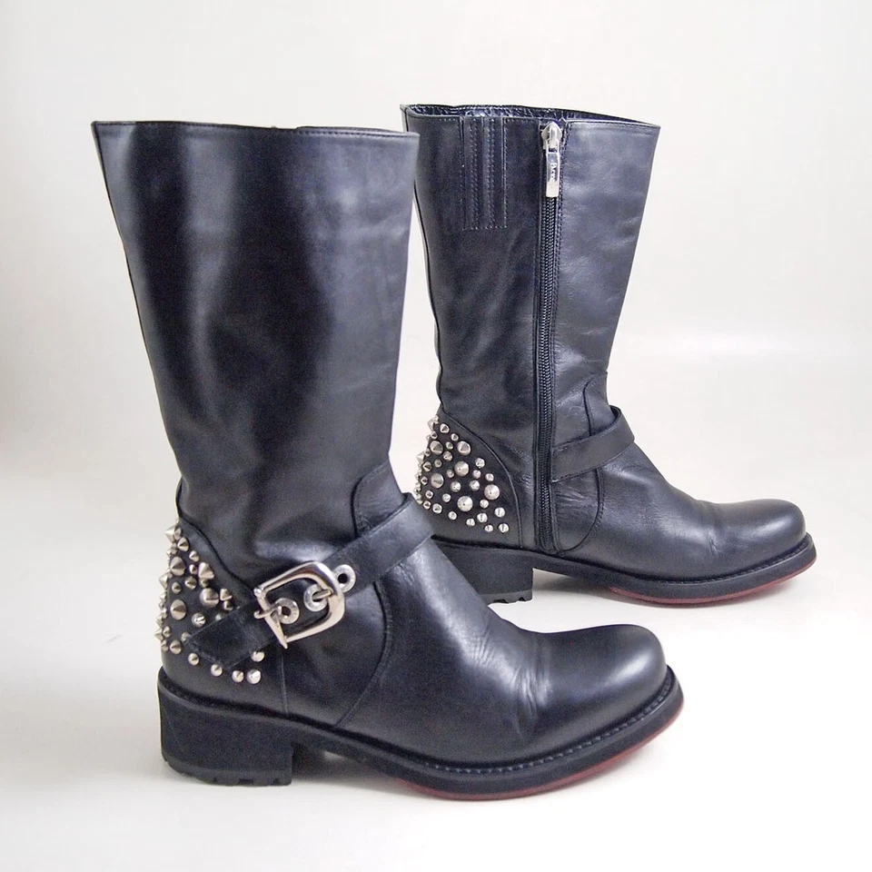 Botas de motociclista Paciotti 36 EE. UU. 6 para mujer con tachuelas de cuero negro cremallera media pantorrilla Italia Foto 3 de 4