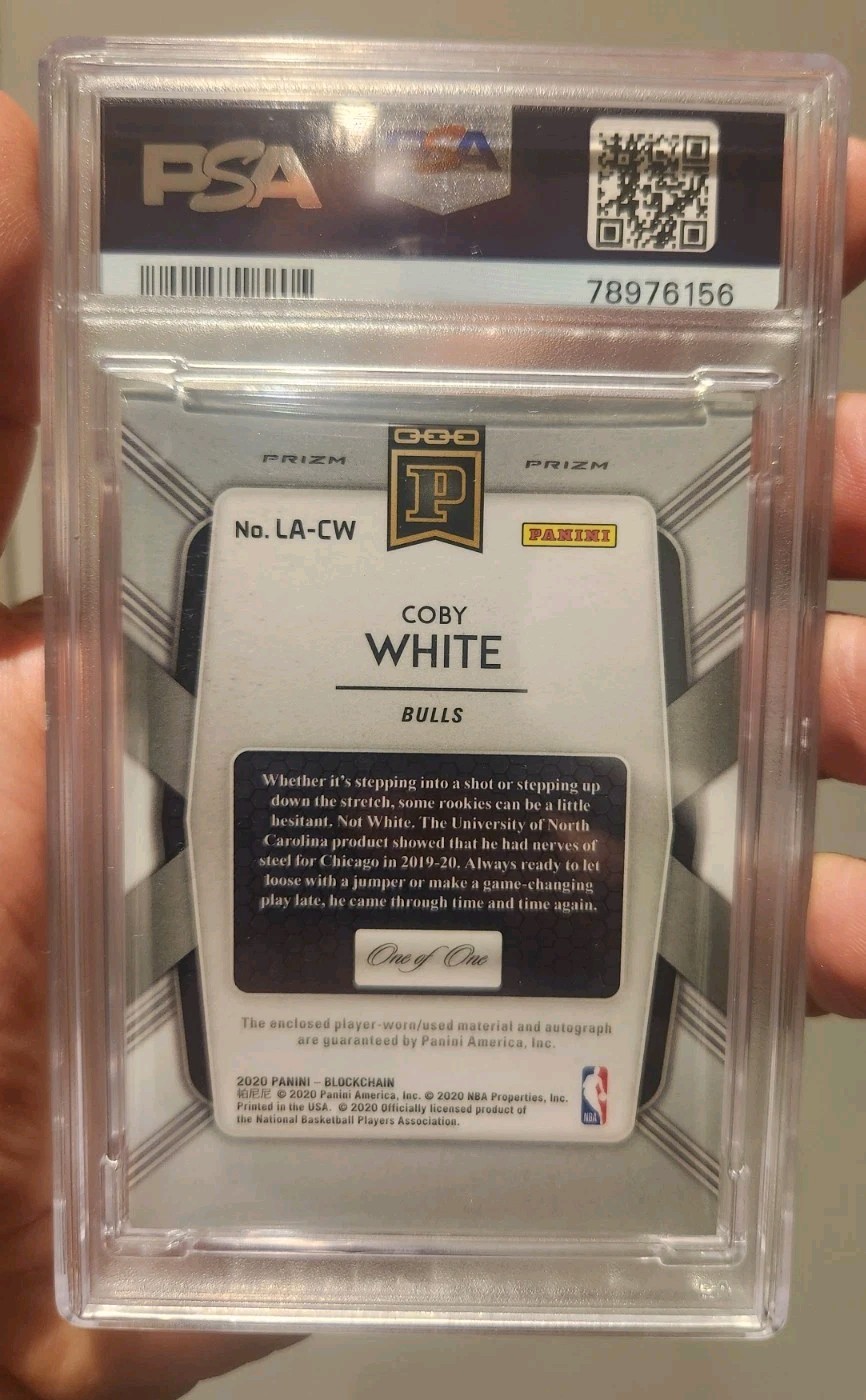Coby White 2020 Prizm Blockchain Logoman Rookie Card Auto PSA 1/1 Gold Vinyl view 4