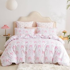 Floral Duvet Cover Full Pink Bow Bedding Set for Girls Kids, Princess Style