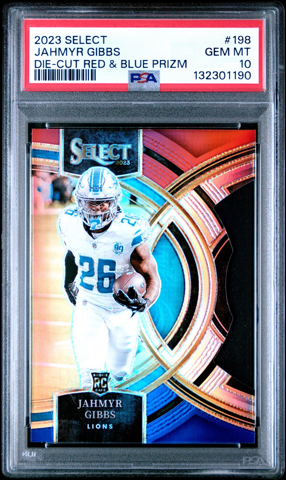 2023 PANINI SELECT DIE-CUT RED & BLUE PRIZM #198 JAHMYR GIBBS PSA 10