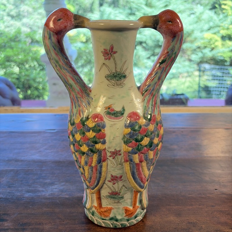 Antique Chinese Double-Handled Famille Rose Duck Vase