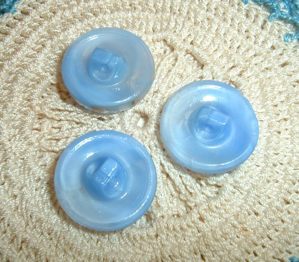 Set of 3 Vintage Blue Moonglow Glass Hat Buttons w/3 Rhinestones in Brim 11/16" - Image 3 of 3