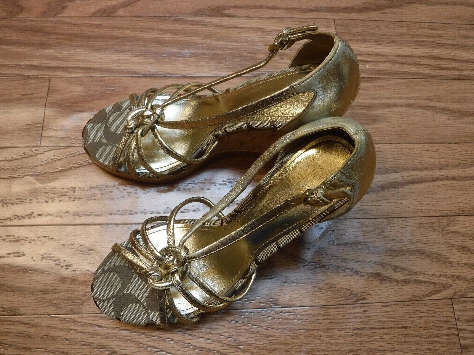 Coach Joslin Gold Metallic Strap Cork Wedge Heel Sand… Gem