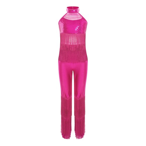 Kids Girls Leotard Long Rompers Fancy Jumpsuit Halter Bodysuit Latin Outfit - Picture 70 of 95