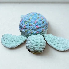 Handmade Crochet Turtle Green Blue Floral Stuffed Plush Amigurumi Toy 8 Inches
