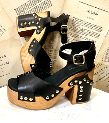 Free People Cecily Clogs Ankle Strap Platform Black Leather Brass Studded 7 NEW