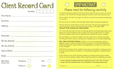 BLISS SUNBED TANNING SALON CLIENT APPOINTMENT RECORD CARDS WITH UNDER 18s DISCLAIMER