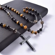 Tiger's Eye Onyx Beaded Catholic Christ Hematite Cross Pendant Necklace for Men