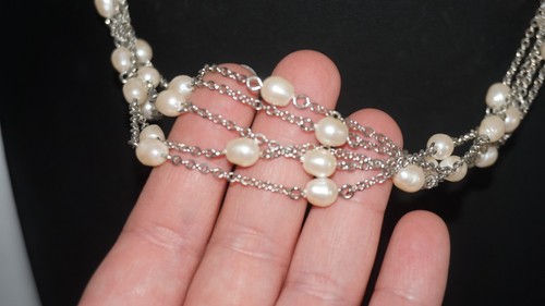 Silver Tone Natural Pearl 5 Strand Necklace 21" - 第 3/6 張圖片