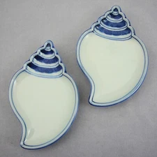 Blue White Porcelain Seashell Sea Shell Tidbit Tray Trinket Dish 2pc Set 6.25x4"