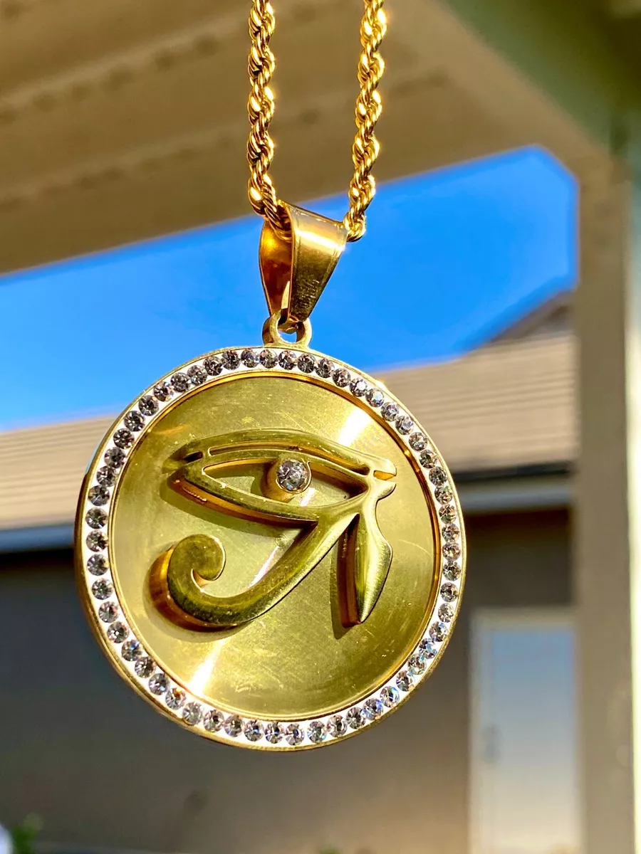 Eye of Horus Protection Egyptian Pendant Mens Women 14k Gold Finish Rope Chain