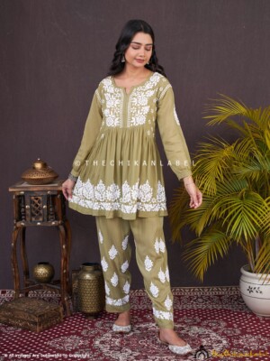 Mehndi Green Modal Chikankari Short Kurta Set Lucknow Chikankari Handcrafted Set
