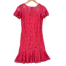 Kensie Mini Dress Womens Size 0 Pink Lace Short Sleeve Lined Ruffle Hem Back Zip