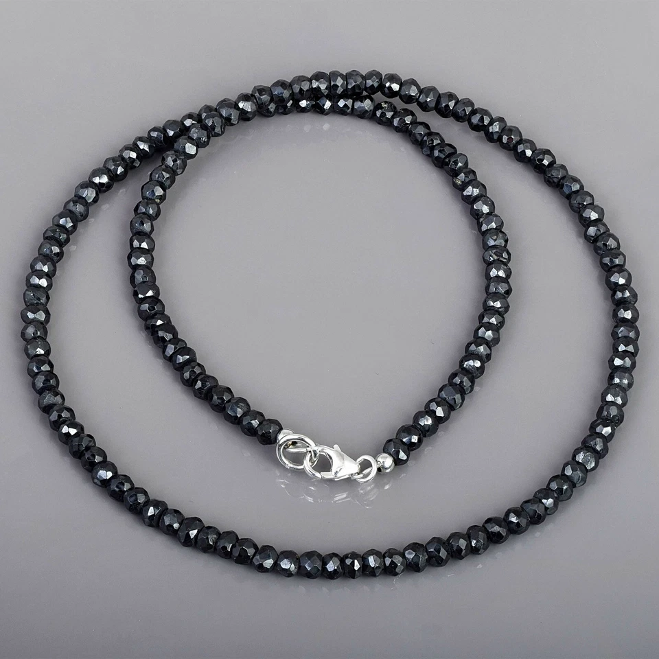 18" Strand Natural Black Spinel Rondelle Beads 925 Silver Chain Necklace Jewelry - Image 4 of 4