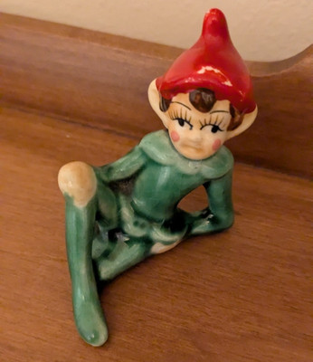 Vintage Christmas Ceramic Pixie Elf Green Red Hat Lounging Sitting Japan