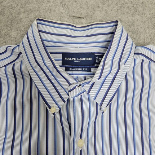 Camicia da golf vintage Ralph Lauren uomo XL blu bianca a righe con bottoni vestibilità classica - Foto 9 di 16
