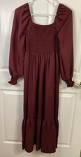 Burgundy maxi dress smocked fitted bodice long puff sleeves by SHEIN size medium
