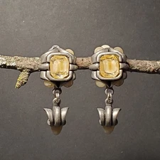 Fahrenheit Pewter Clip Earrings 80s Fab Bone Cabochons Industrial 