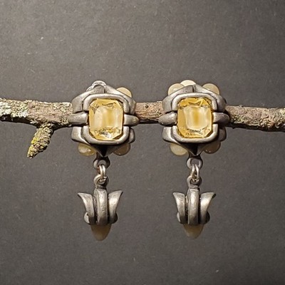 Fahrenheit Pewter Clip Earrings 80s Fab Bone Cabochons Industrial 