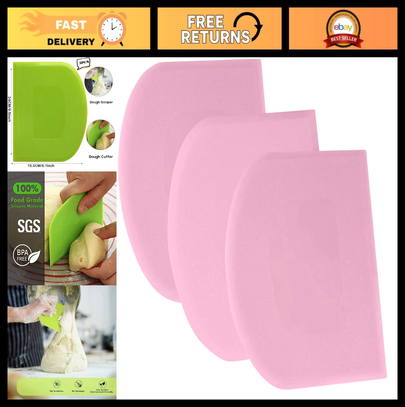 Dough Scraper Set - 3P Plastic Flexible Bench & Bowl Scrapers, Sharp Edge, Non-S
Opens in a new wind