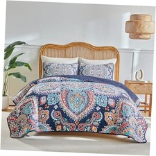 Boho Quilt Set Queen Size - Reversible Bohemian Quilt Bedding Queen 90 90 Navy