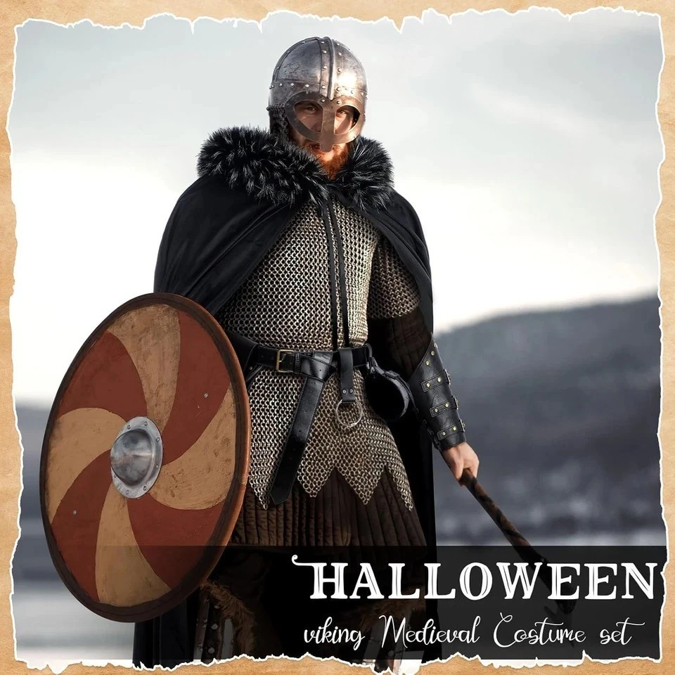 6 Pcs Halloween Men'S Viking Costume Set Medieval Viking Fur Cape Cloak Renaissa - Image 2 of 4