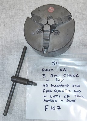 Rohm 6-1/4'' 3 Jaw Chuck & Key used w/ Emco Maximat Super 11 Lathe D1-4 F10Z