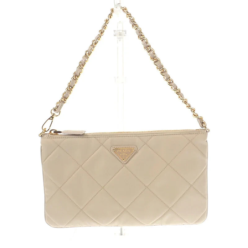 PRADA Chain Shoulder Bag Handbag Tessuto Impunto Nylon Beige