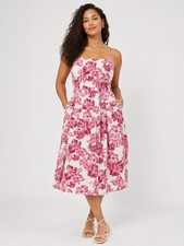Old Navy Floral Linen Smocked Midi Cami Dress Med Pink Tropical Floral Pockets