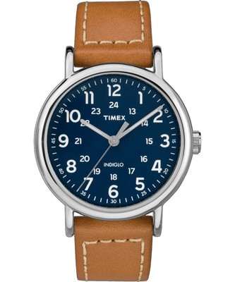 Timex TW2R42500 Men's Weekender Indiglo Blue Dial Brown Leather Band  Watch