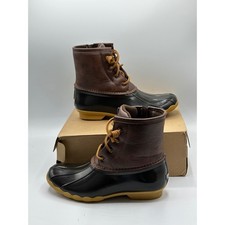 Sperry Saltwater Boot Girls 5M Brown Black Rubber Leather Lace Up Side Zip Kids