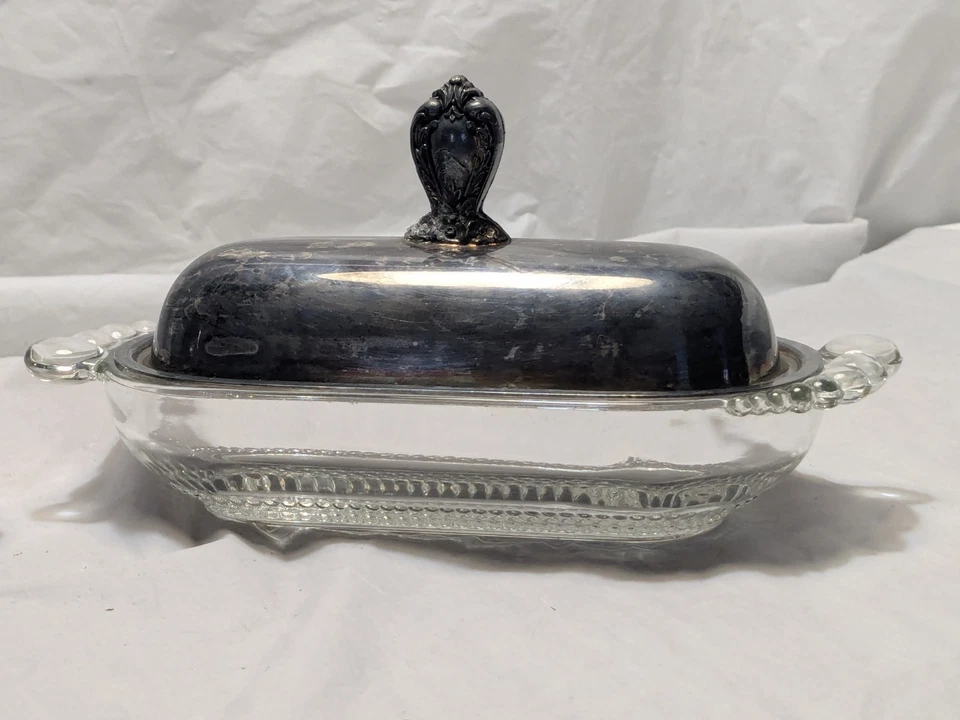 Antiguo plato de mantequilla cubierto vintage plateado WM A Rogers Art Deco Foto 3 de 4