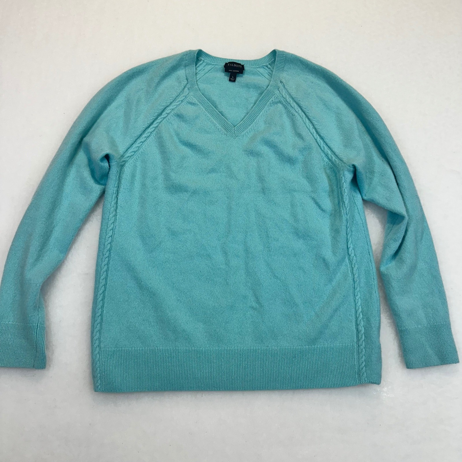 Talbots Pure Cashmere V-Neck Sweater Womens Large Turquoise Blue Cable Knit L