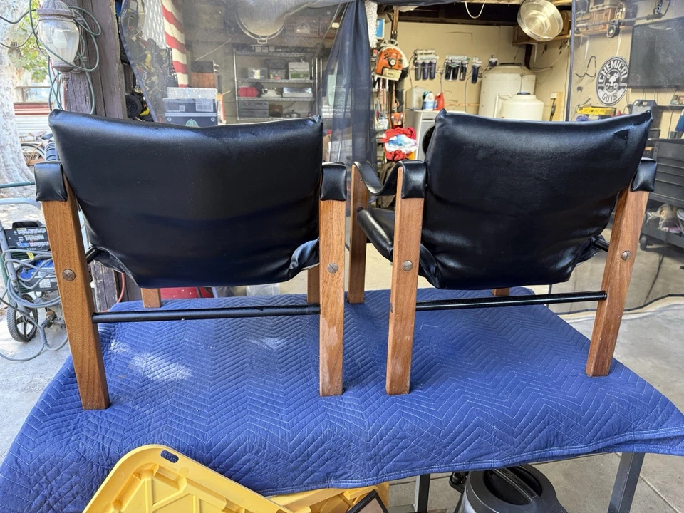 1960’s MCM Chelsea Arkana Safari Chairs Maurice Burke Black Faux Leather & Teak - Image 2 of 4