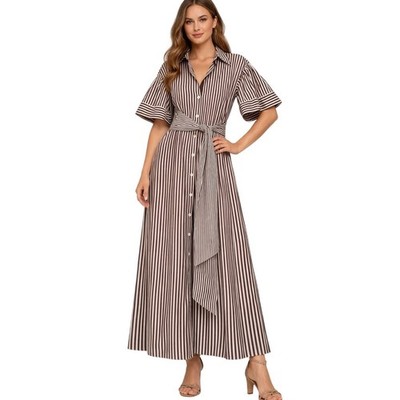 Luisa Spagnoli Striped Belted Maxi Shirt Dress IT Large US 8/10 Cotton Italy