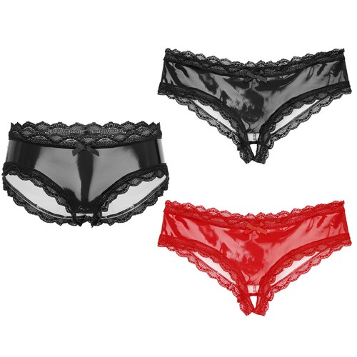 Men's Leather Hollow Out Sissy Lace Trim Briefs Sexy Low Waist Panties Underwear - Bild 3 von 3