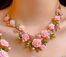 Pink ROSE Flowers PEARL Choker Rhinestone Betsey Johnson Necklace Earring SET