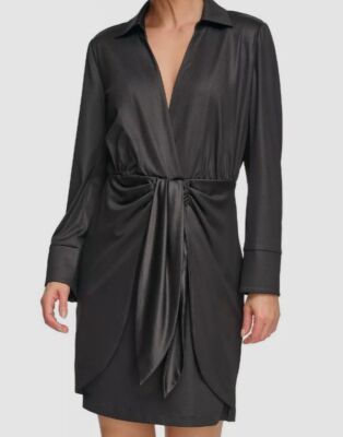 knee length dresses for ladies Black Wrap Dress - Smocked Long Sleeve Dress main image 0
