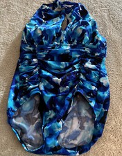 NEW Longitude Womens Blue White Black High Neck Tie One Piece Swimsuit 8