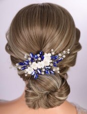 Blue Crystal Bridal Hair Comb Wedding Flower Bride Rhinestone Pearl Hair Piece