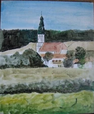 Painting Village Church City Summer Green Canopy Clear Fields Forest Meadow Hill