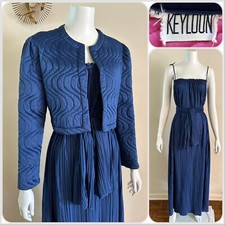 1970s Keyloun 3 Pc Set Accordion Pleat Dress Quilted Jacket Scarf Head Sash VTG