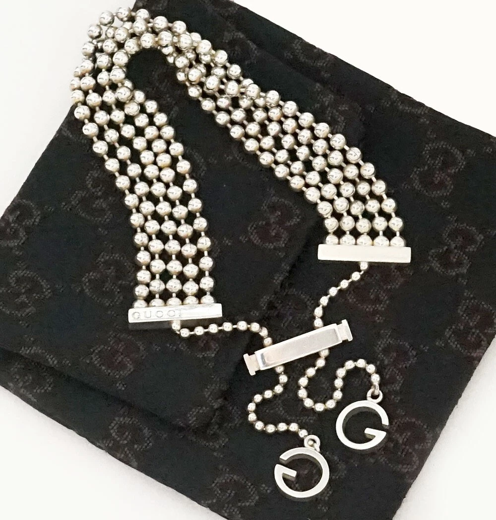 Braccialetto catena a sfera con logo Gucci Multi Strand G 9 8" argento 925 originale con borsa