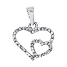 10K White Gold Round Diamond Double Heart Pendant 0.65" Prong Set Charm 1/10 CT.