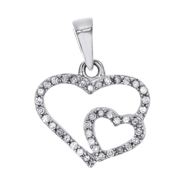 "10K WeißGold Rund Diamant Doppelherz AnhäNger 0.65 \" Zacken Set 1/10 Karat"-image
