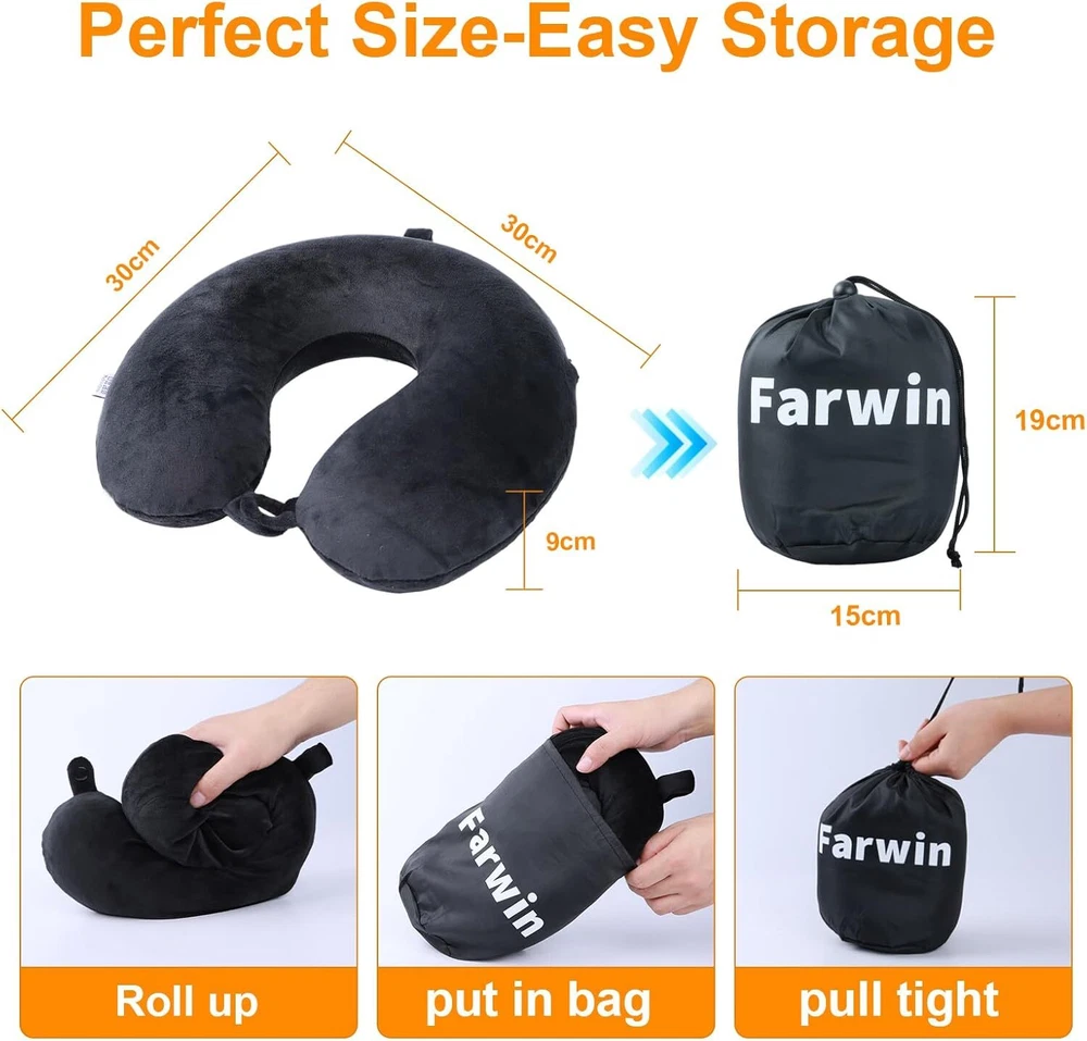Travel Pillow,100% Pure Memory Foam U Shaped Neck 30X30X9cm, Black